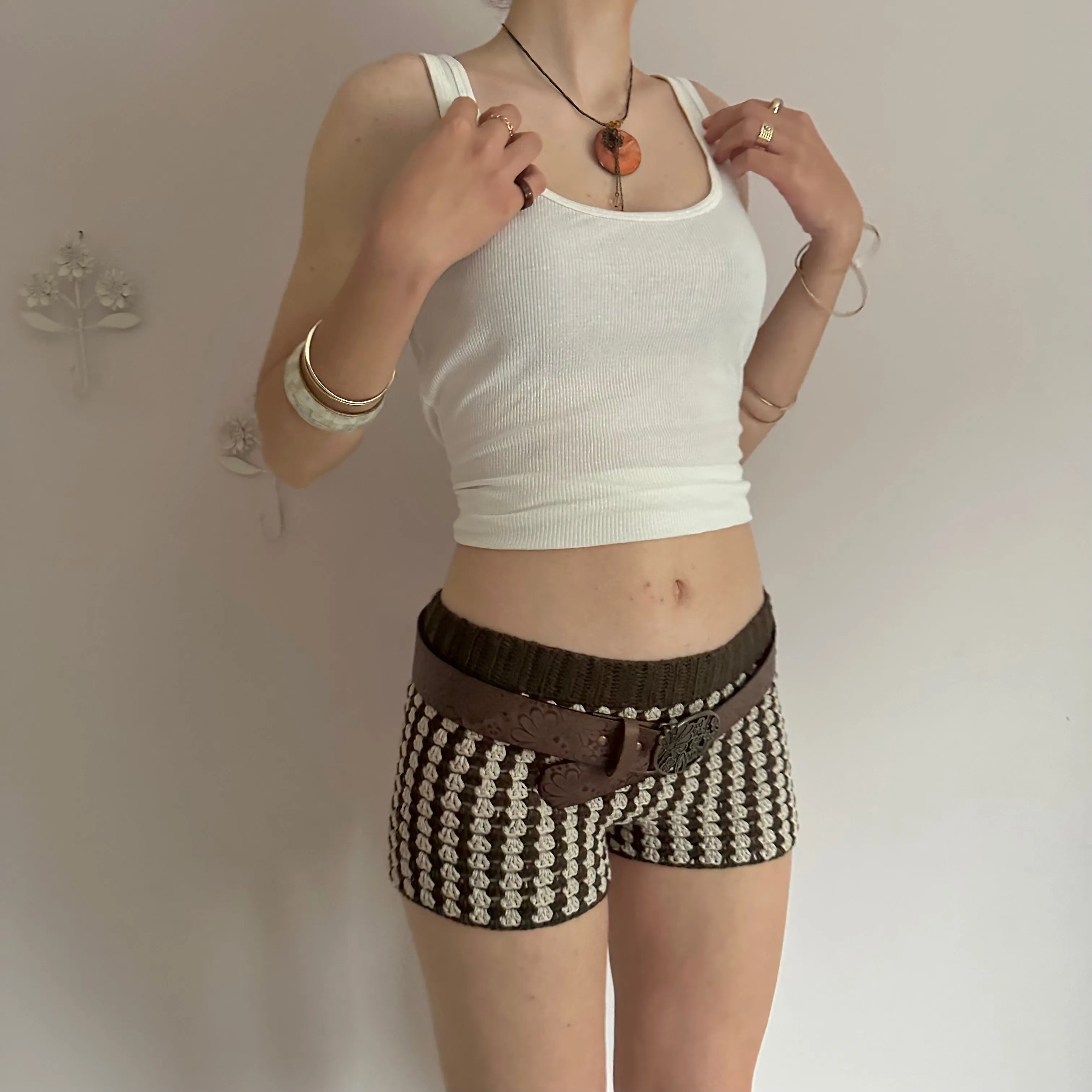 Handmade gingham crochet shorts in brown and beige