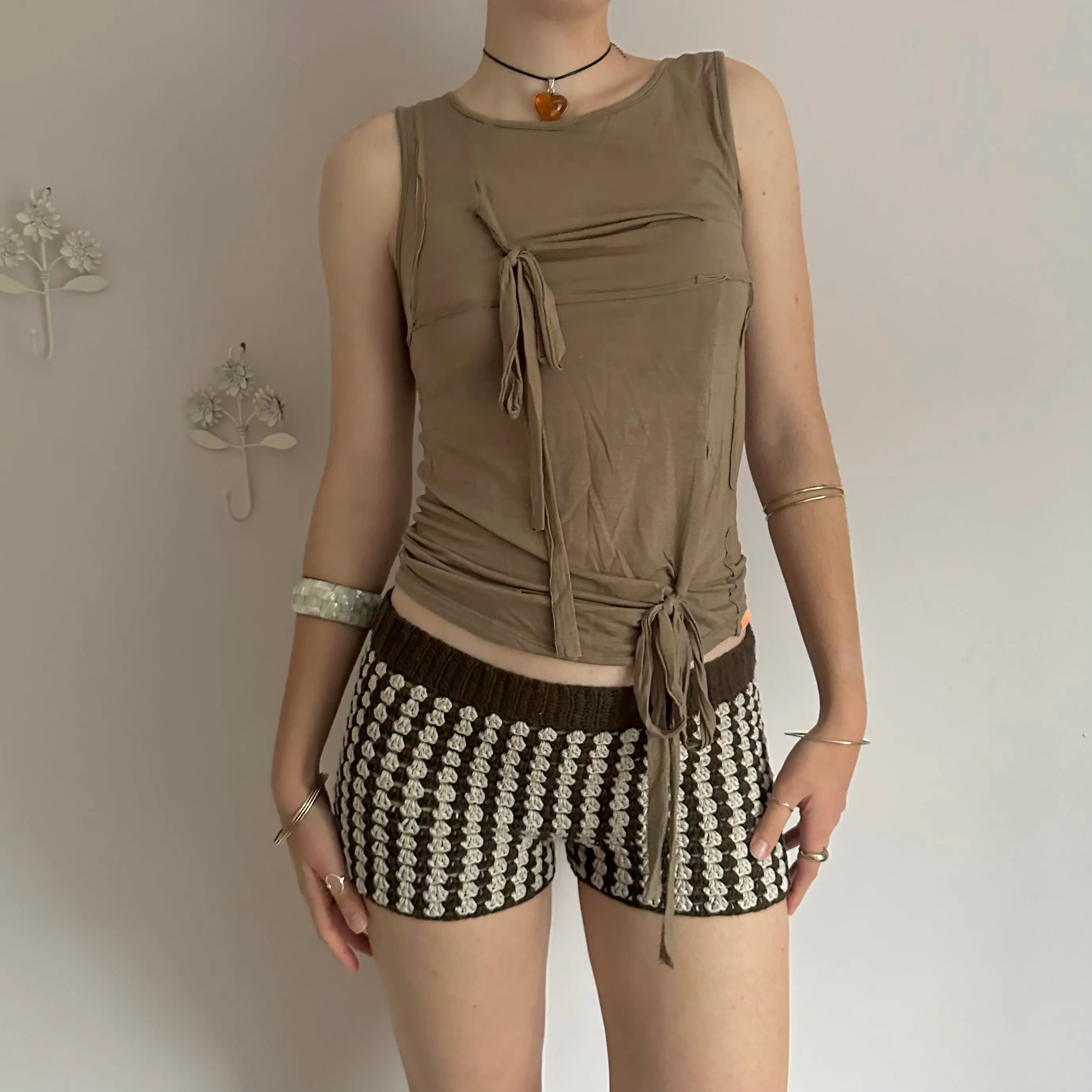 Handmade gingham crochet shorts in brown and beige