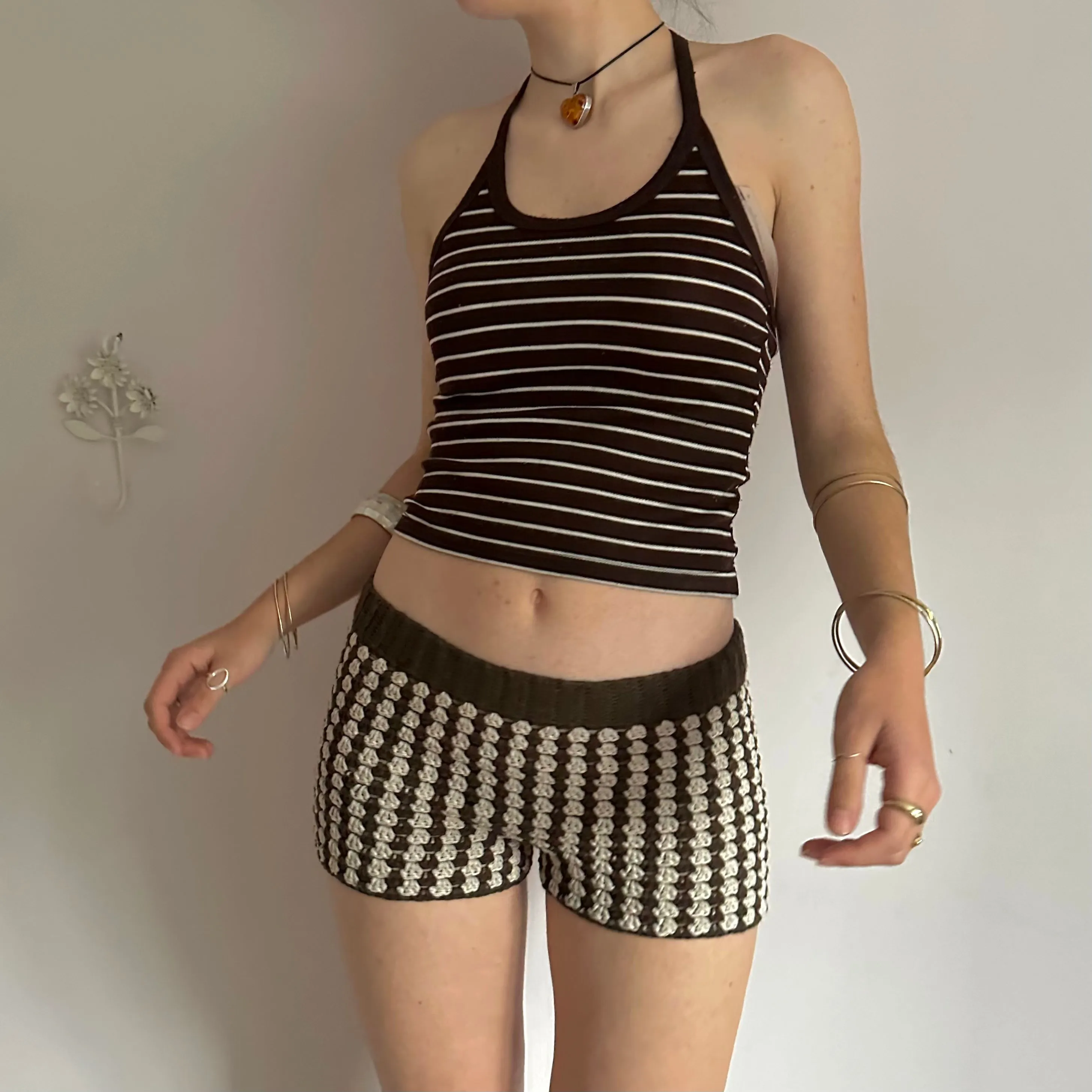 Handmade gingham crochet shorts in brown and beige