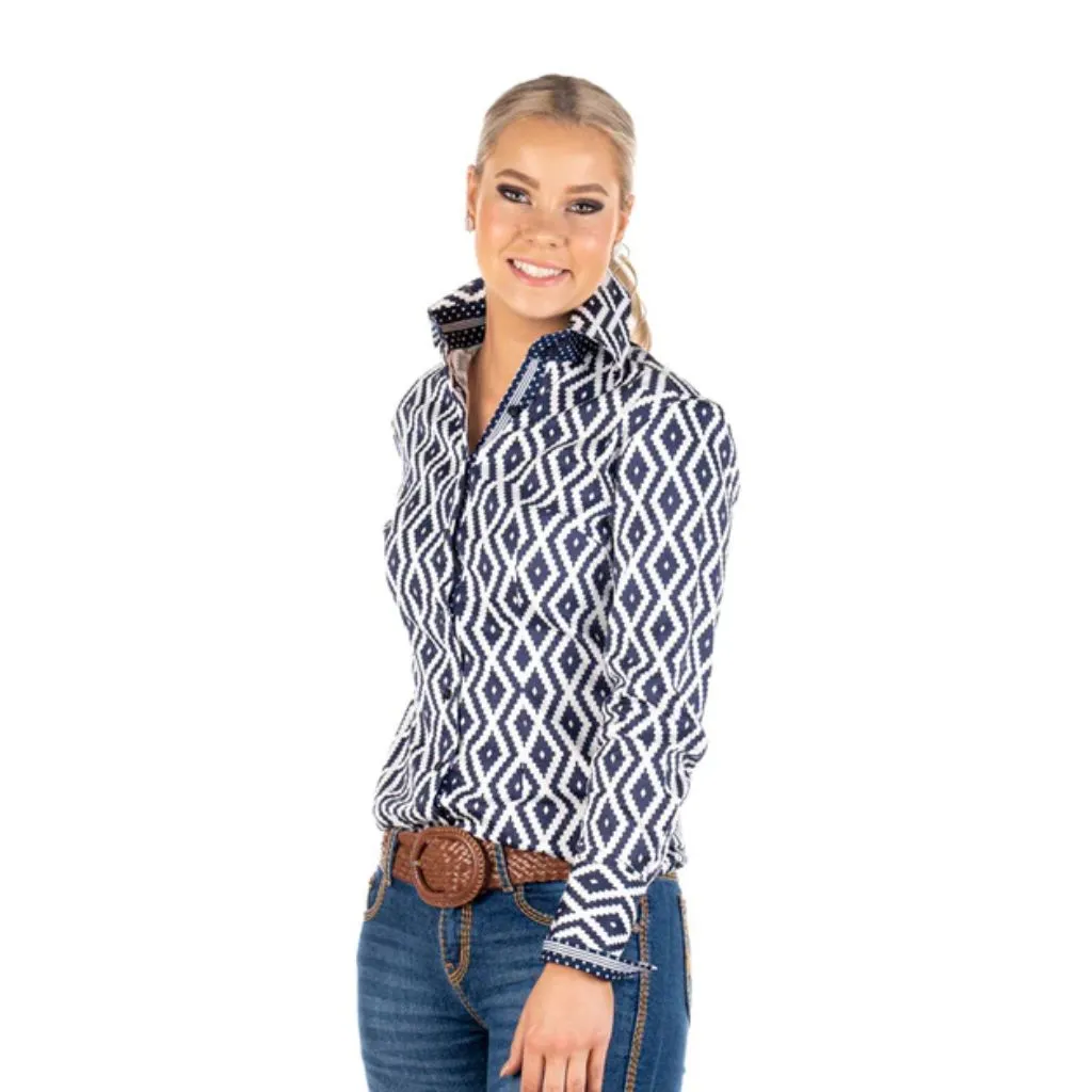 Hitchley and Harrow Geometric Pattern Ladies Fitted Shirt NAVY-WHITE