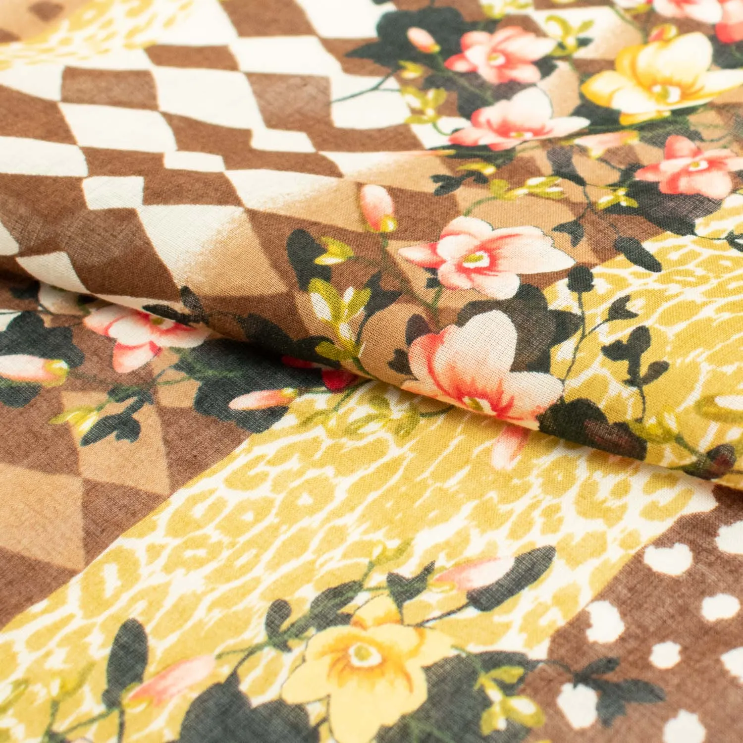 Japanese Pure Cotton Lawn Prints Design-175 Red Floral Vines & Brown Rhombus on Yellow