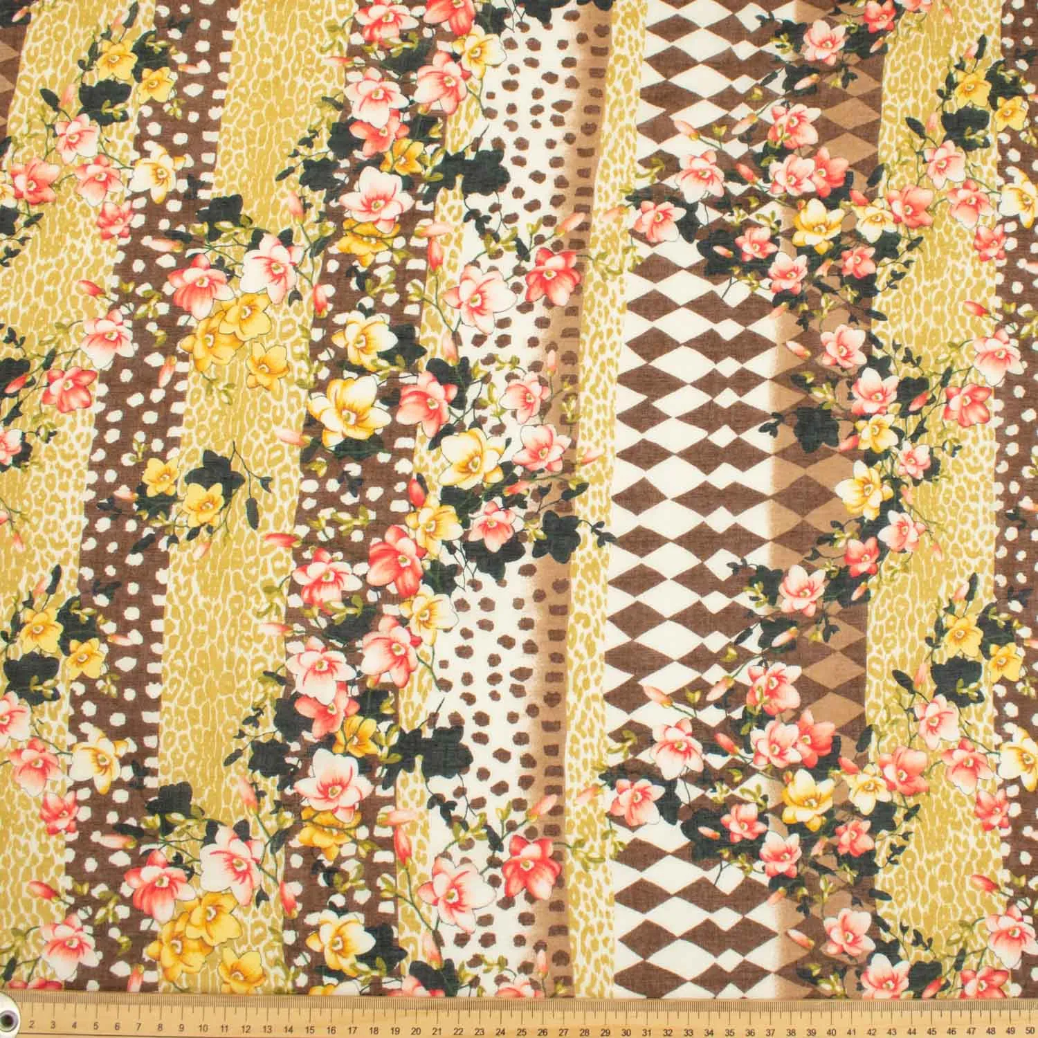 Japanese Pure Cotton Lawn Prints Design-175 Red Floral Vines & Brown Rhombus on Yellow