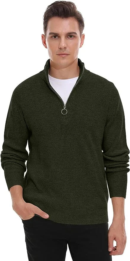 Men's Soft Sweaters Quarter Zip Pullover Classic Ribbed Turtleneck Sweater - Green