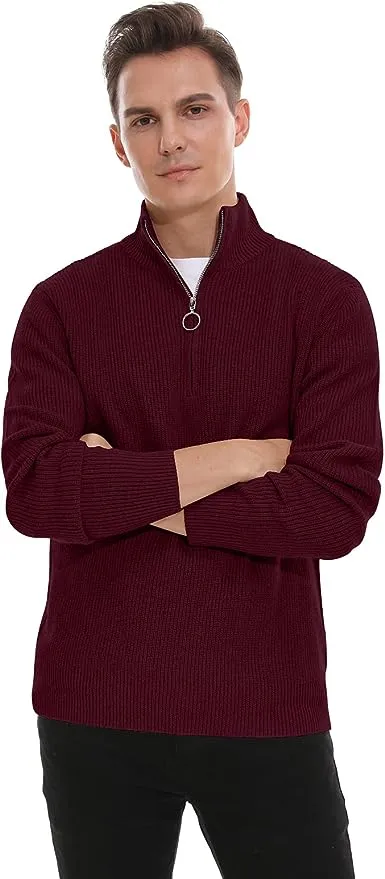 Men's Soft Sweaters Quarter Zip Pullover Classic Ribbed Turtleneck Sweater - Red Wine