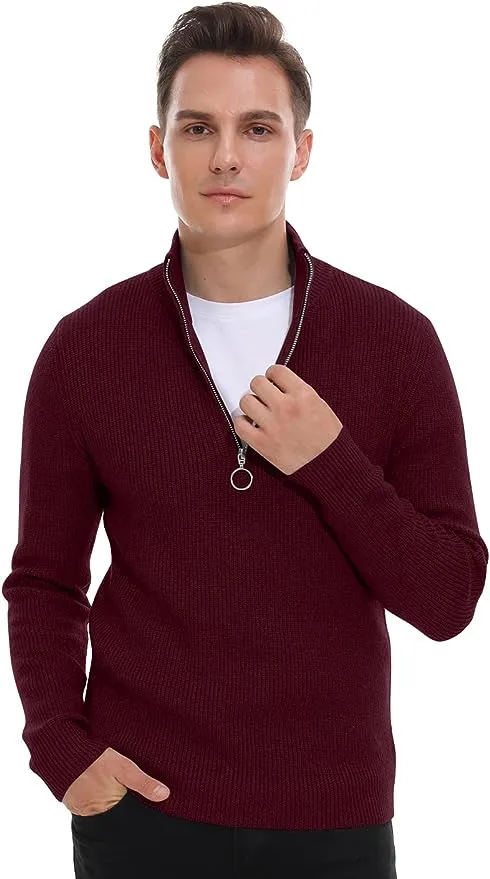 Men's Soft Sweaters Quarter Zip Pullover Classic Ribbed Turtleneck Sweater - Red Wine