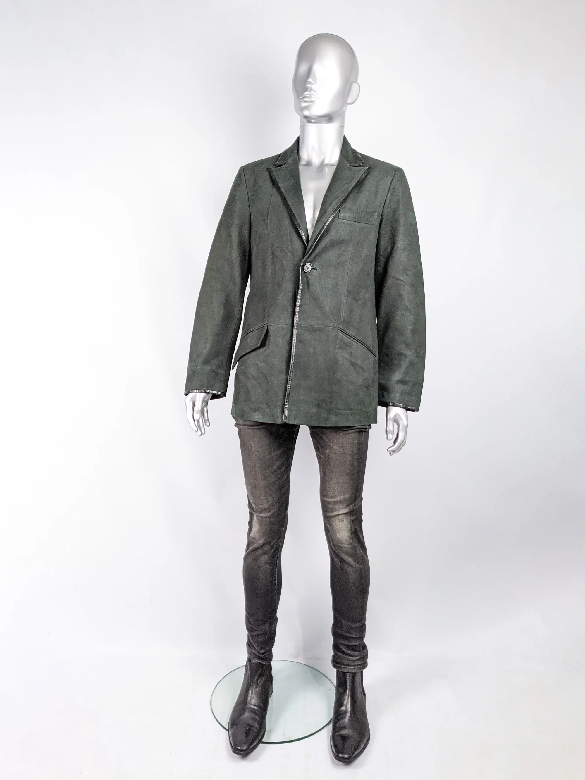 Mens Vintage Dark Green Suede & Leather Blazer, 1990s