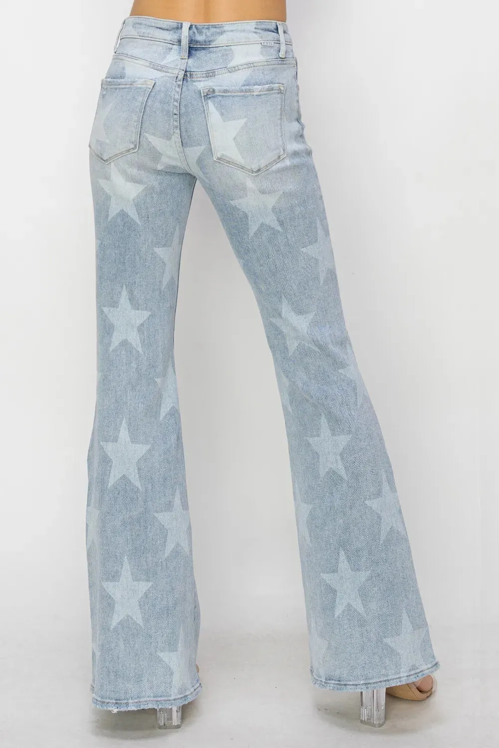 Mid Rise Button Fly Start Print Flare Jeans