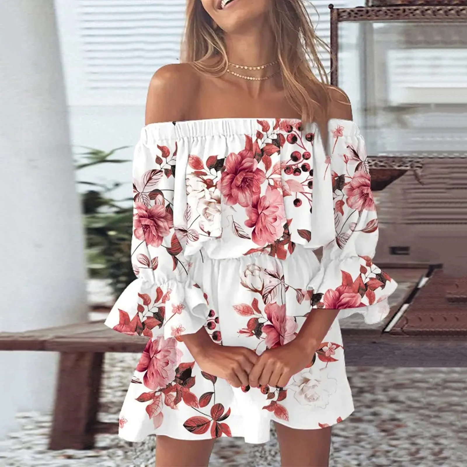 Nsqured Boho Floral Print Off Shoulder Tunic Dress | Casual Mini Sundress Vestido