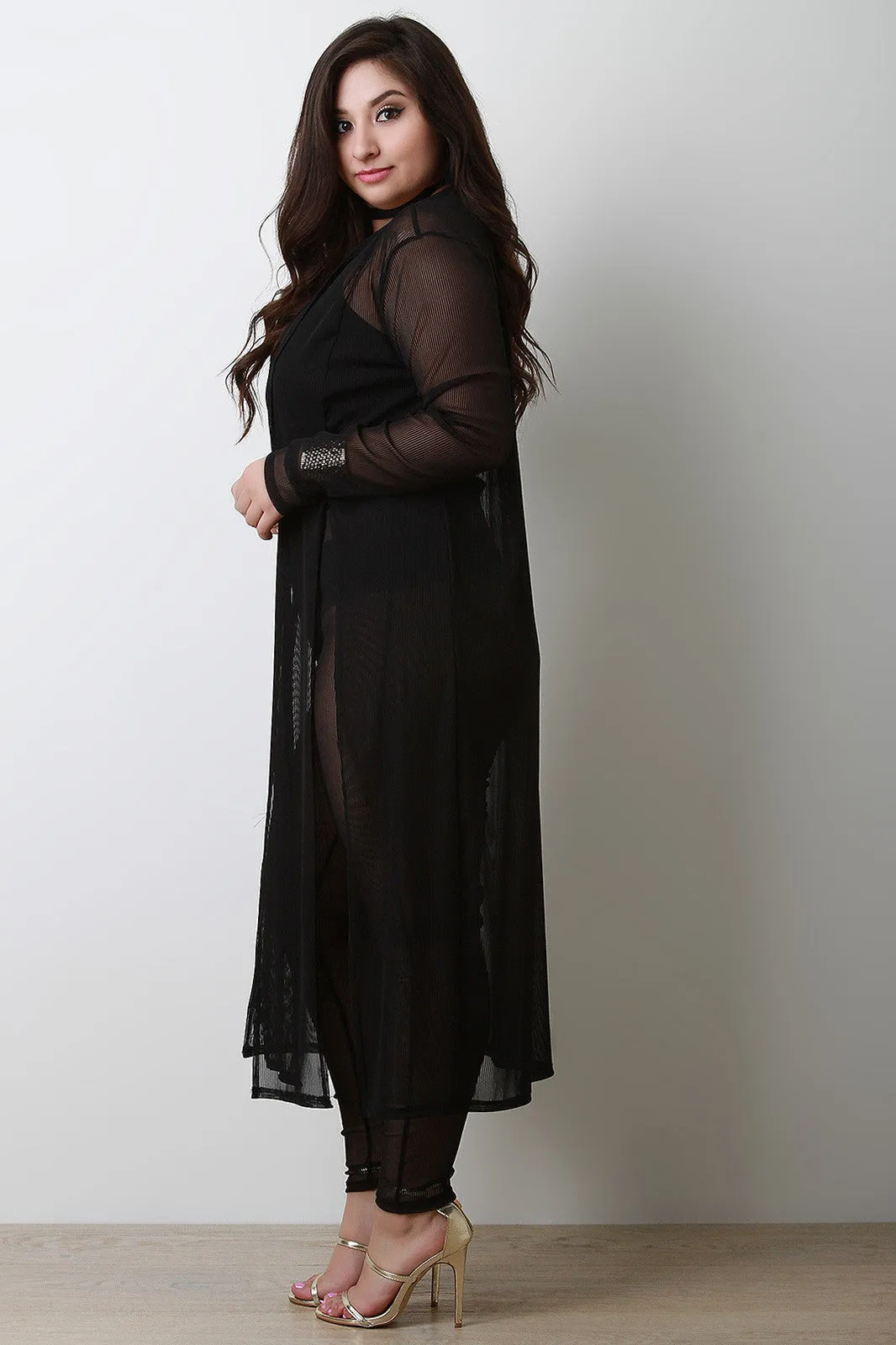 Pinstripe Semi-Sheer Mesh Long-Line Cardigan