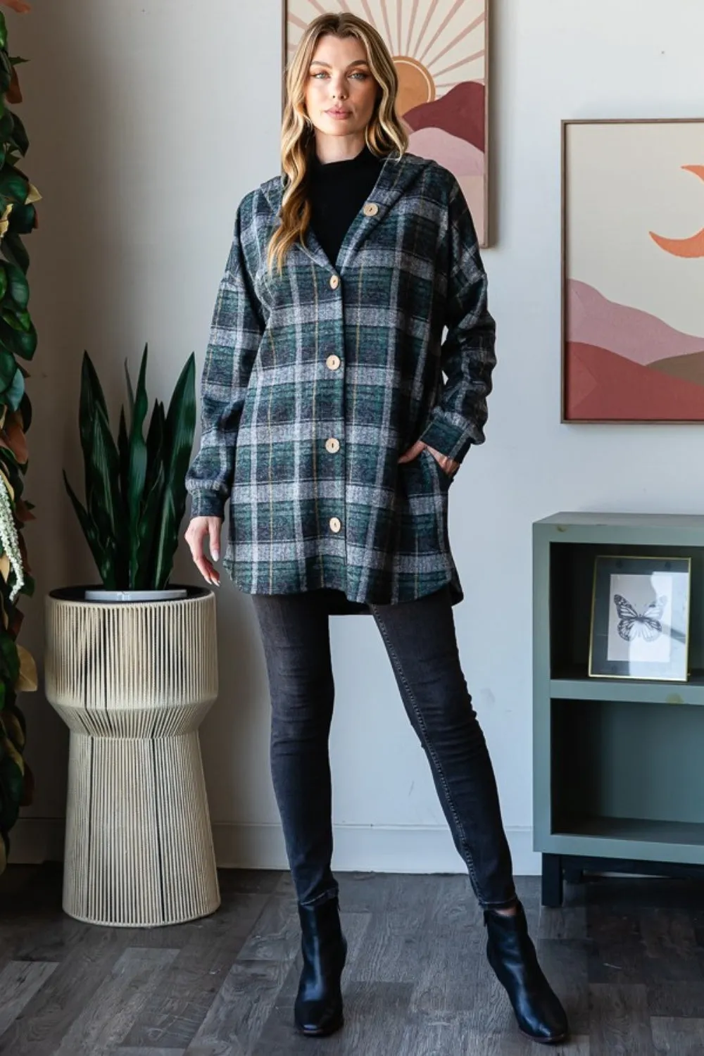 Plaid Button Down Long Sleeve Hooded Cardigan