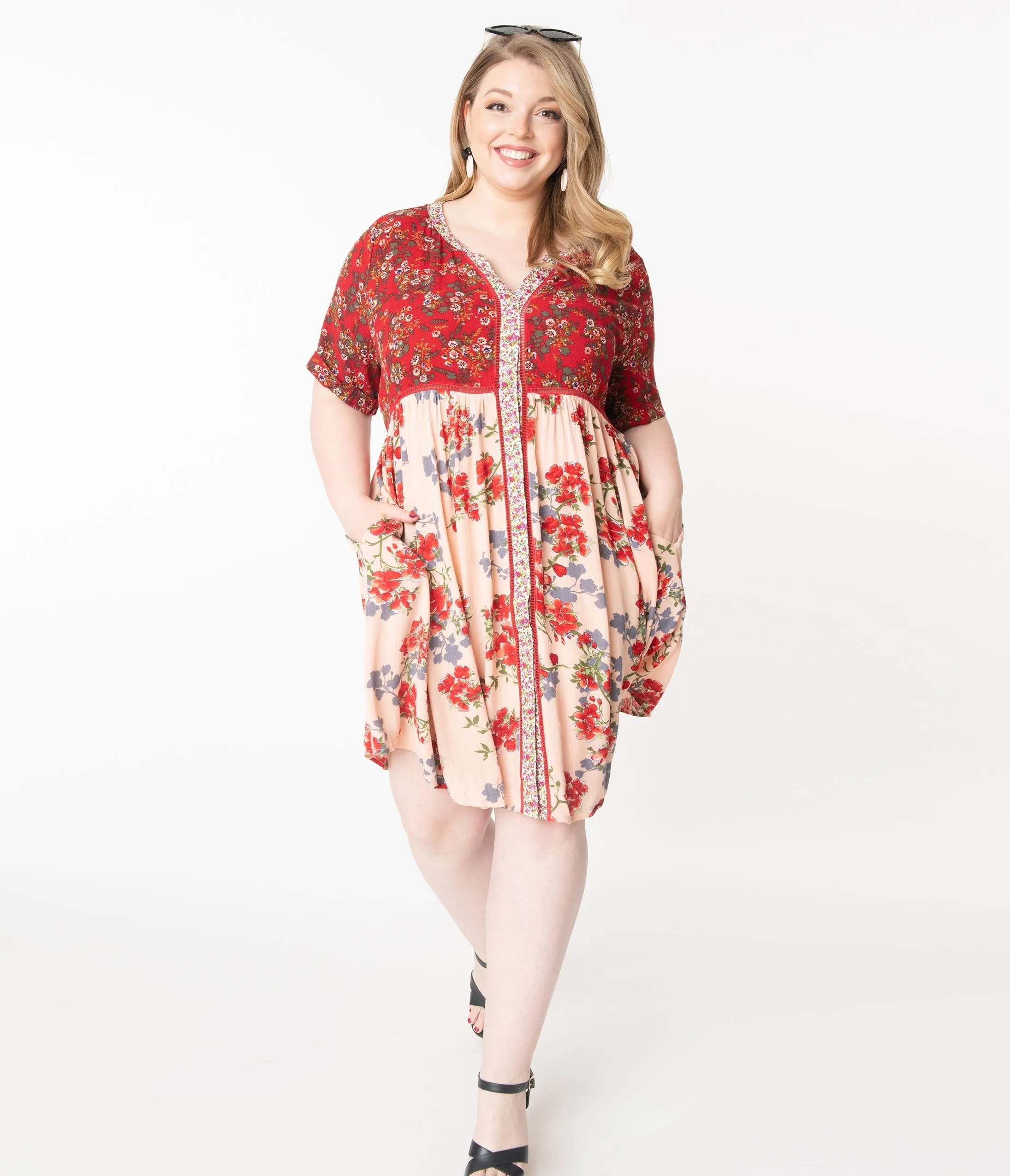 Plus Size Red & Pink Floral Babydoll Dress