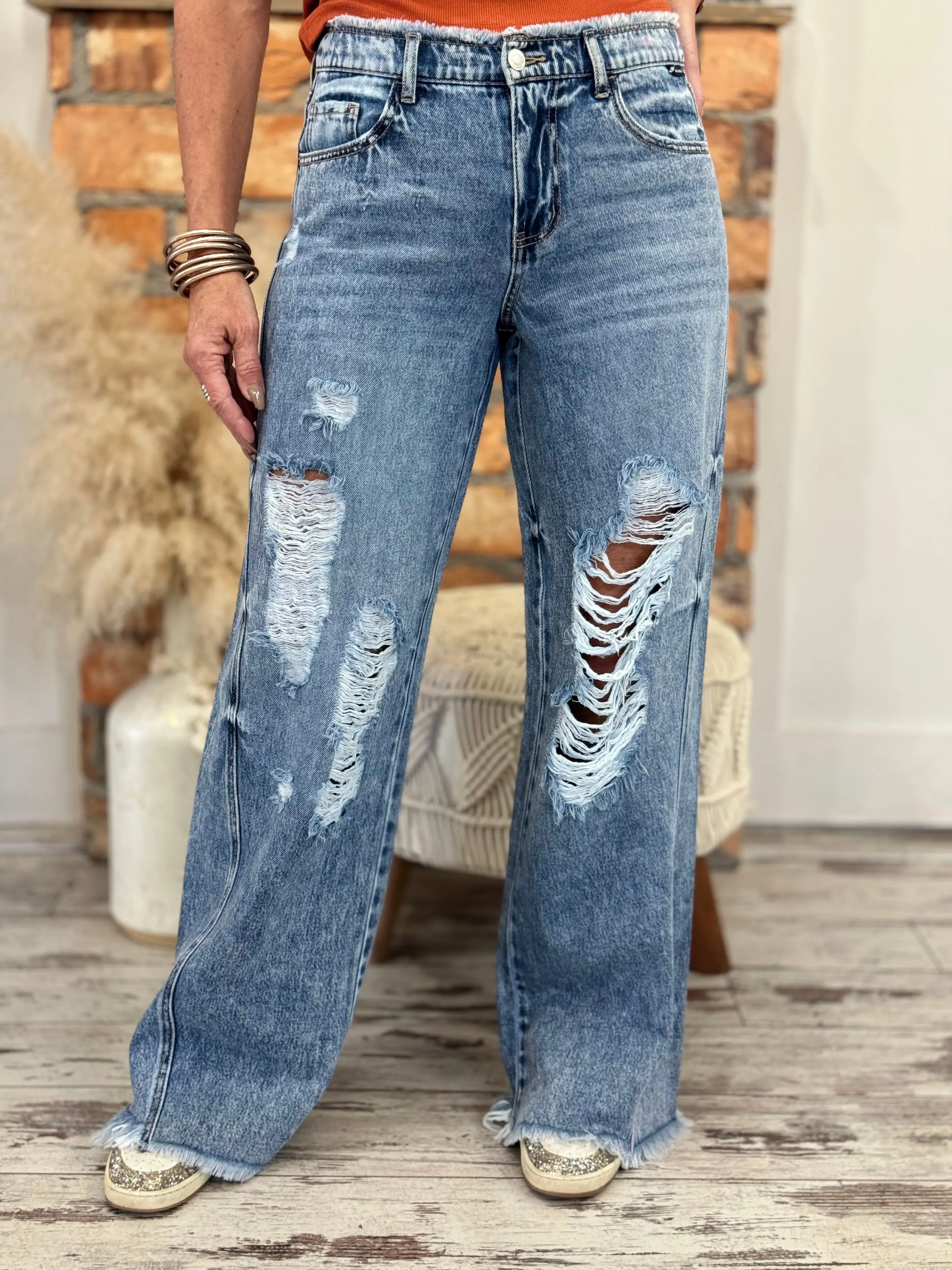 Raw Edge Distressed Wide Leg Jeans