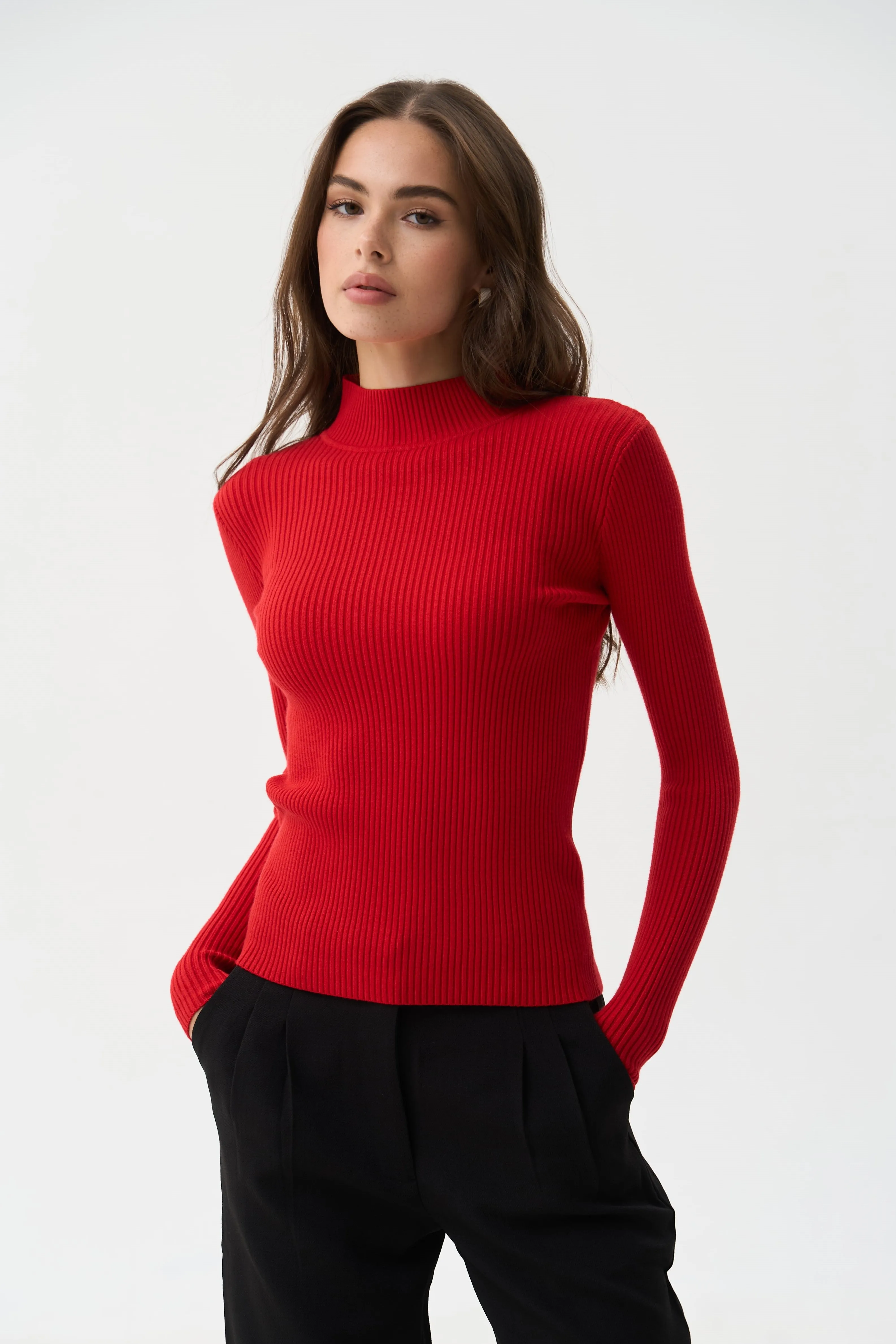 Red Rib Knit Turtleneck Sweater