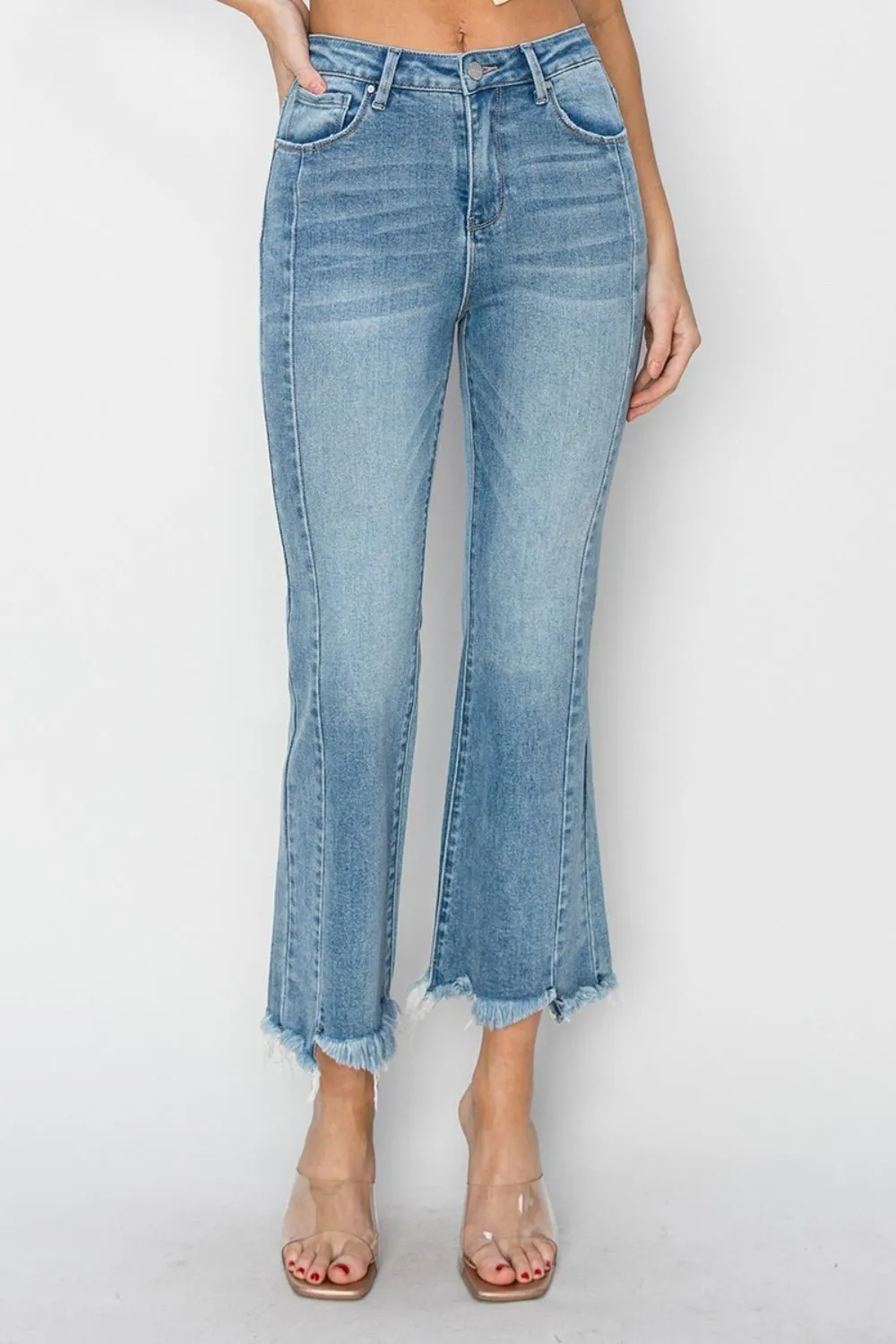 RISEN Full Size High Rise Frayed Hem Flare Jeans