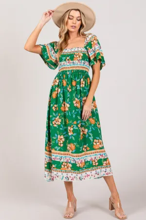 SAGE   FIG Printed Smocked Short Sleeve Midi Dress