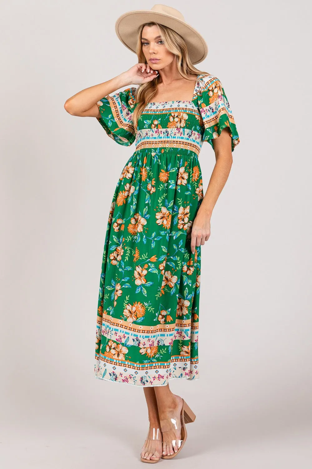 SAGE   FIG Printed Smocked Short Sleeve Midi Dress