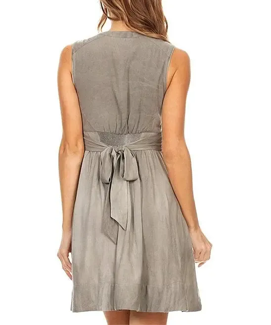 Shimmering Button Collar Tie Back Pocket Dress