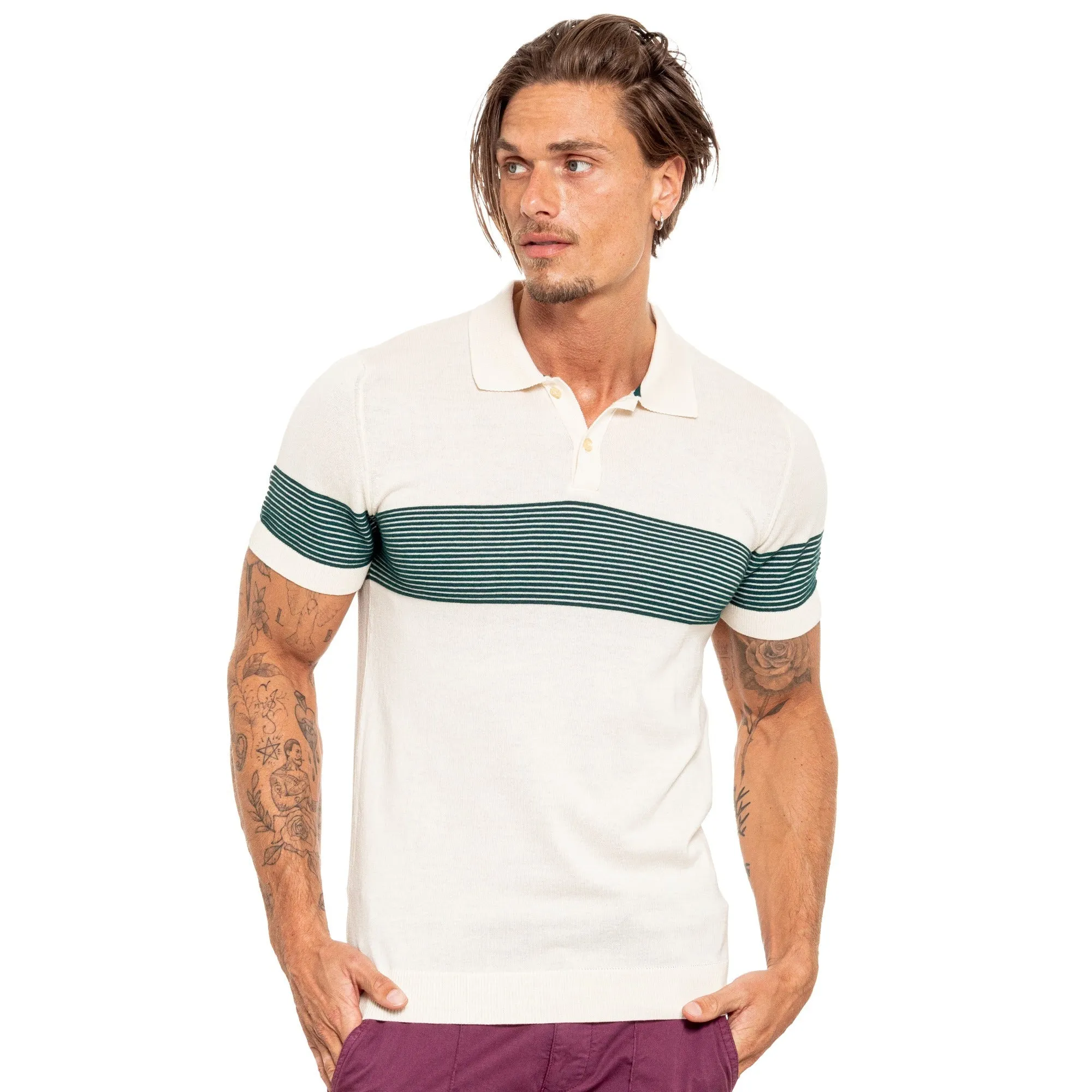 Striped Chest Knit Polo - Beige