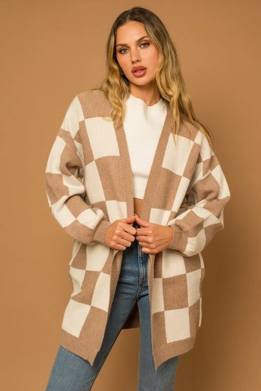 Taupe-White Checker Graphic Sweater Cardigan