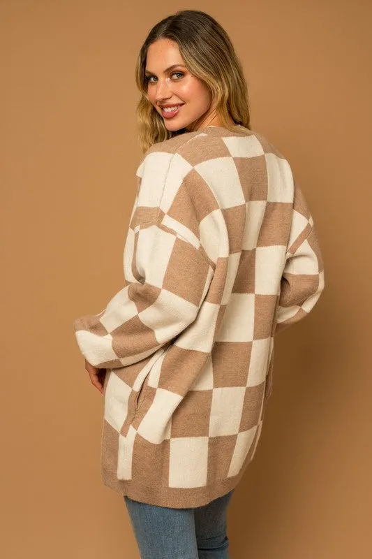 Taupe-White Checker Graphic Sweater Cardigan