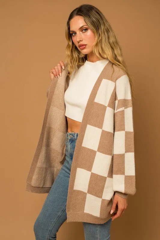 Taupe-White Checker Graphic Sweater Cardigan