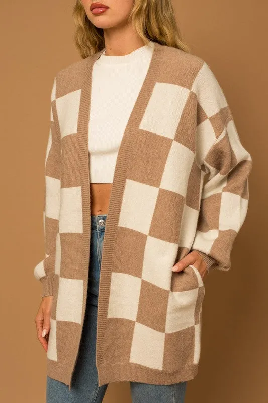 Taupe-White Checker Graphic Sweater Cardigan