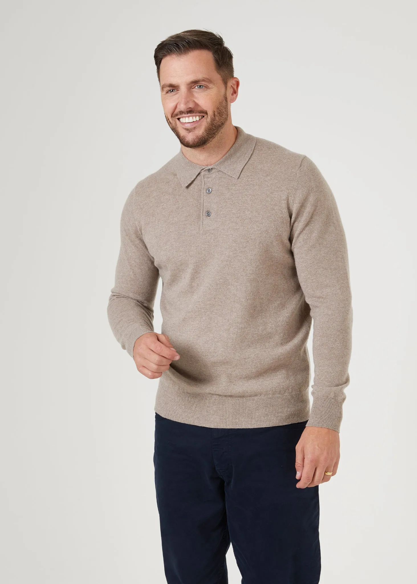 Tresswell Geelong Wool Long Sleeve Polo Shirt in Mushroom - Regular Fit