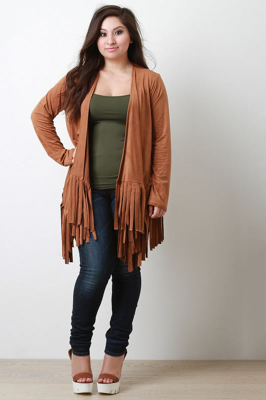 Vegan Suede Fringe Shawl Jacket