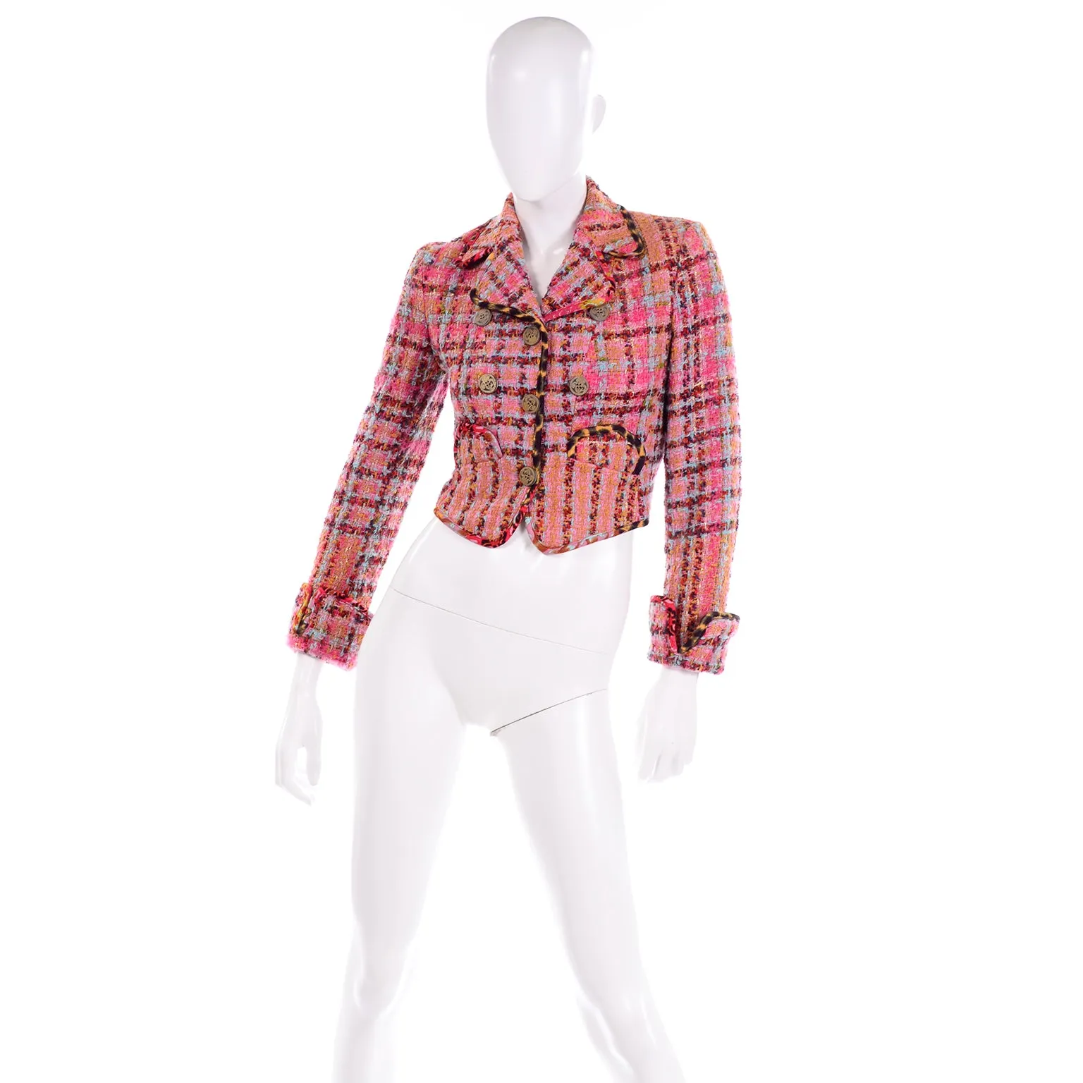 Vintage Christian Lacroix Pink Plaid Tweed Boucle Cropped Blazer Jacket