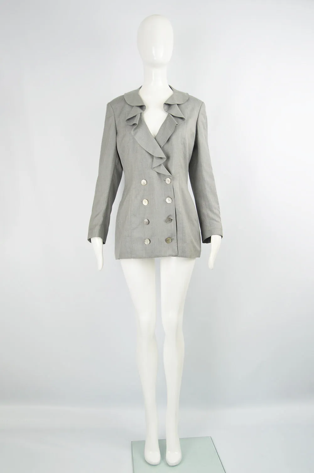 Vintage Grey Ruffled Collar Blazer Jacket, 1980s