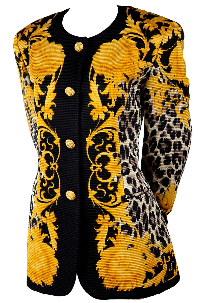 Vintage Wool & Silk Escada Baroque Lion Head Leopard Print Jacket