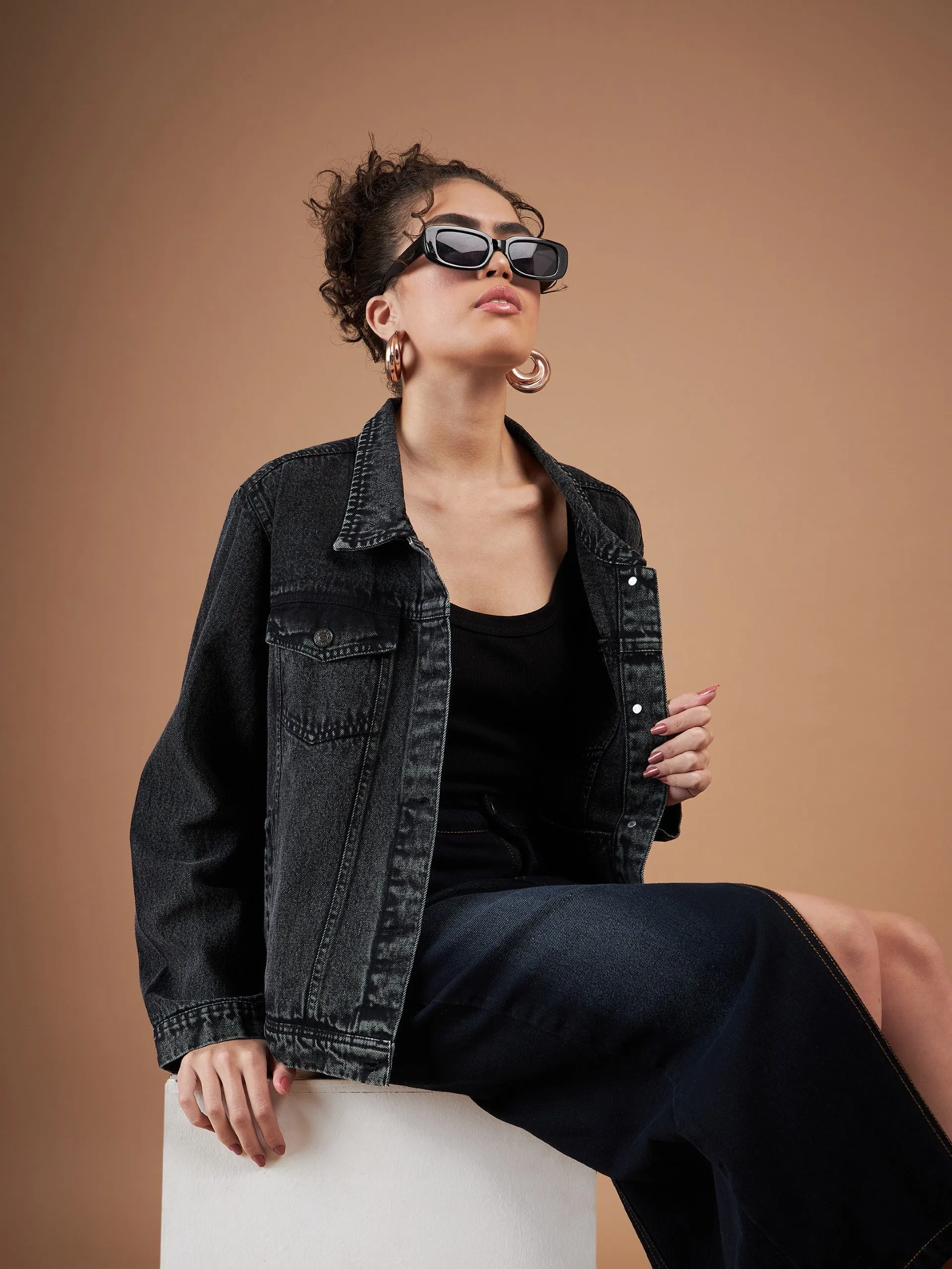 Women Black Washed Denim Regular Jacket