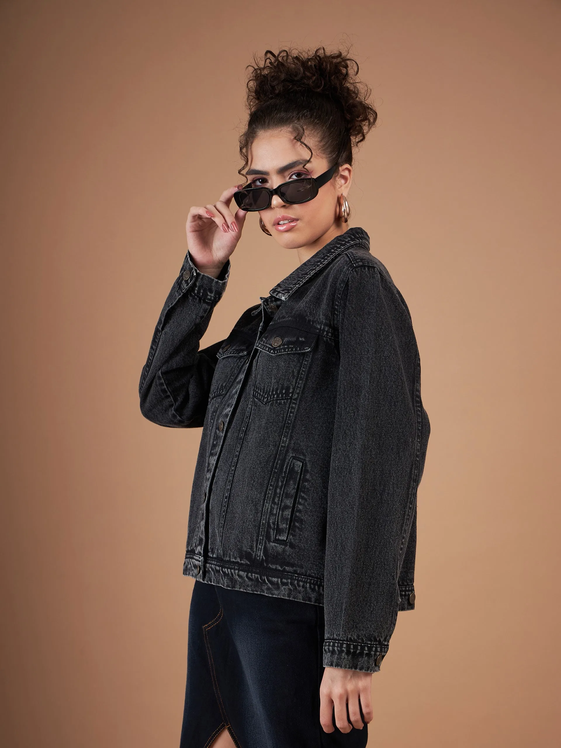 Women Black Washed Denim Regular Jacket