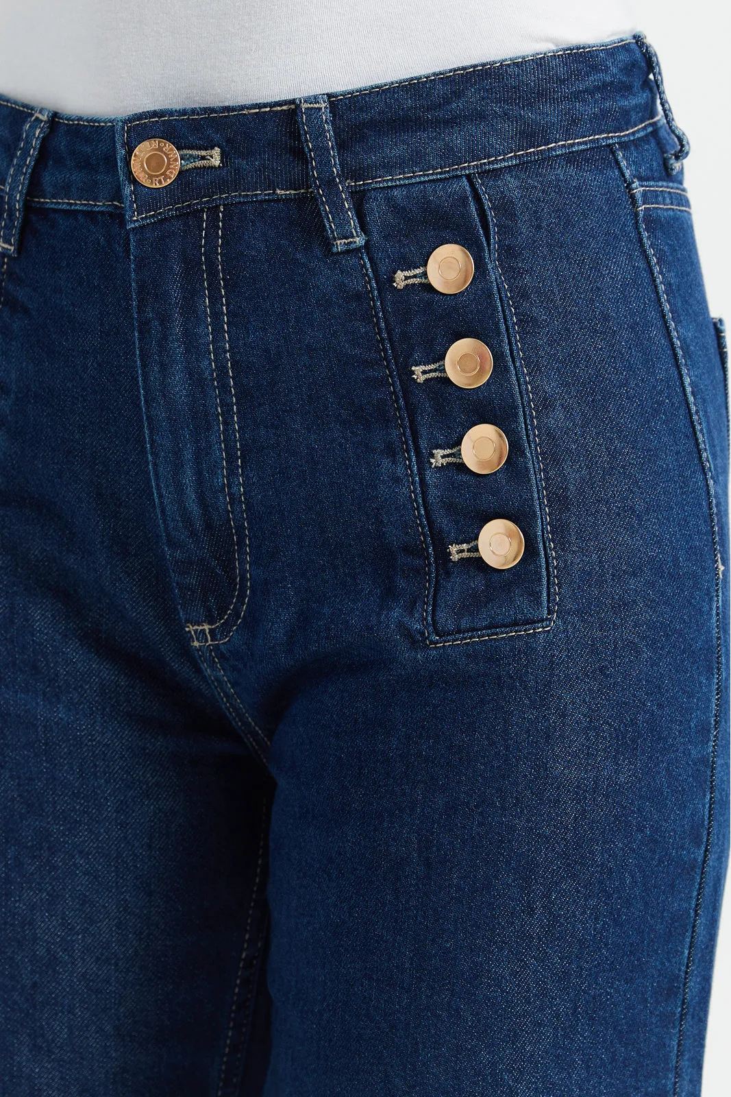 Women Navy Button Front Flared Jeans