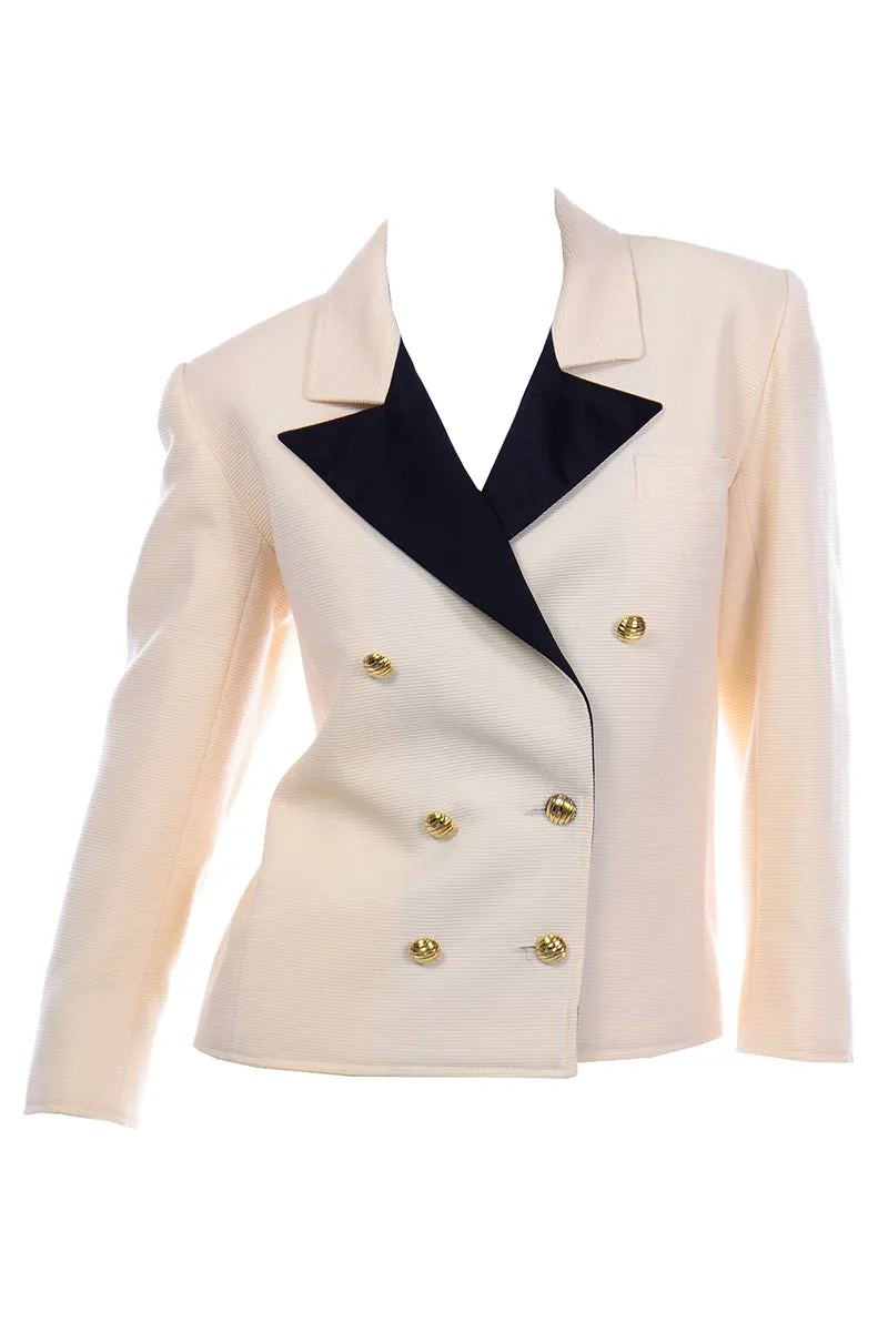 Yves Saint Laurent Vintage Double Breasted Wool Blazer Jacket Cream & Black