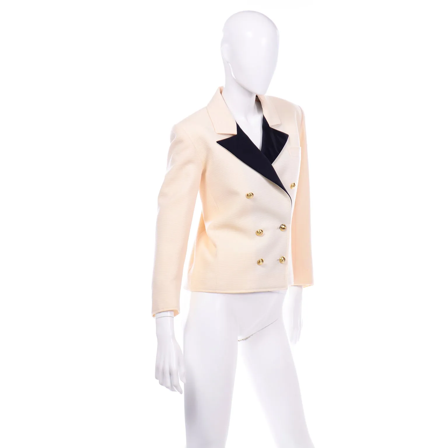 Yves Saint Laurent Vintage Double Breasted Wool Blazer Jacket Cream & Black