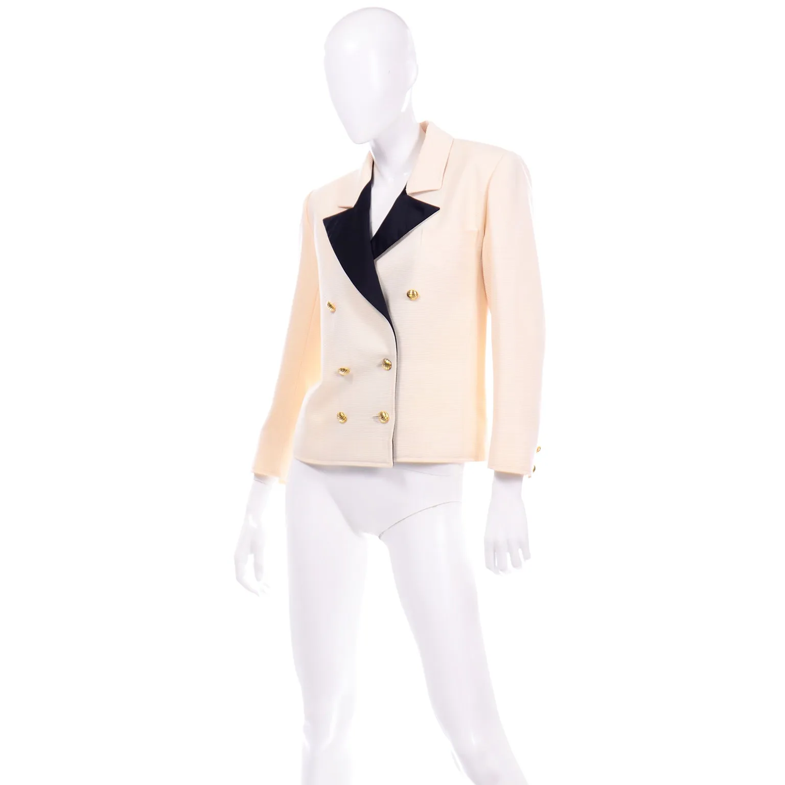 Yves Saint Laurent Vintage Double Breasted Wool Blazer Jacket Cream & Black